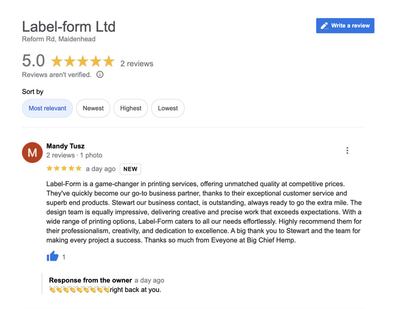 Photo of Google five star review from Big Chief Hemp