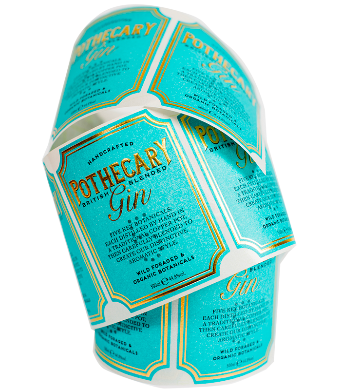 Printed adhesive labels and stickers for Pothercary Gin with specialist finish - Hot foil and embossed labels